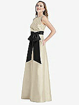 Side View Thumbnail - Champagne & Black High-Neck Bow-Waist Maxi Dress with Pockets