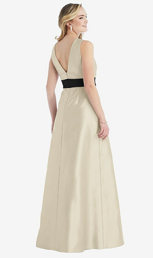 Back View - Champagne & Black High-Neck Bow-Waist Maxi Dress with Pockets