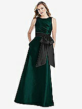 Front View Thumbnail - Evergreen & Black High-Neck Bow-Waist Maxi Dress with Pockets