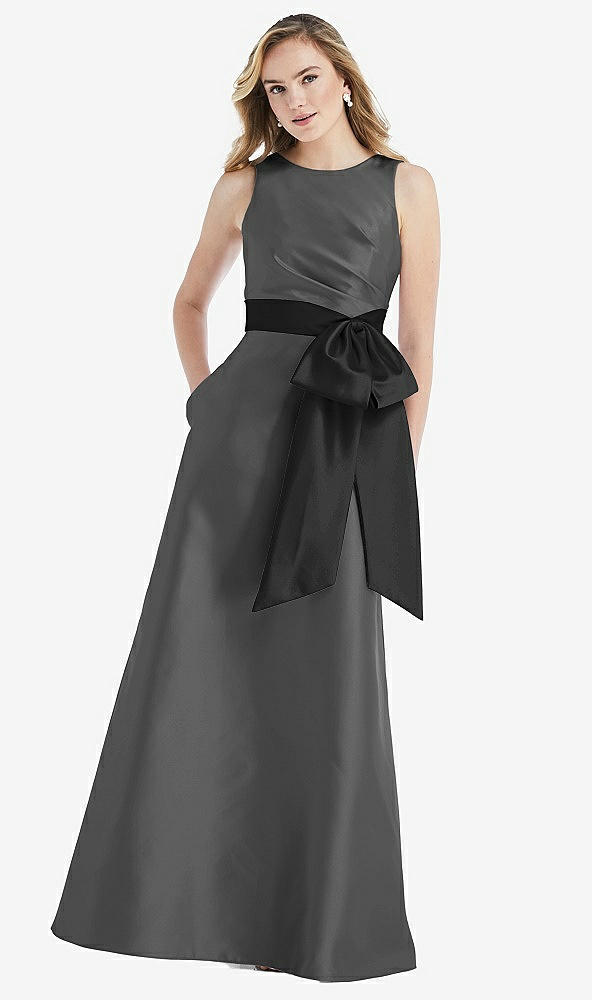Front View - Gunmetal & Black High-Neck Bow-Waist Maxi Dress with Pockets