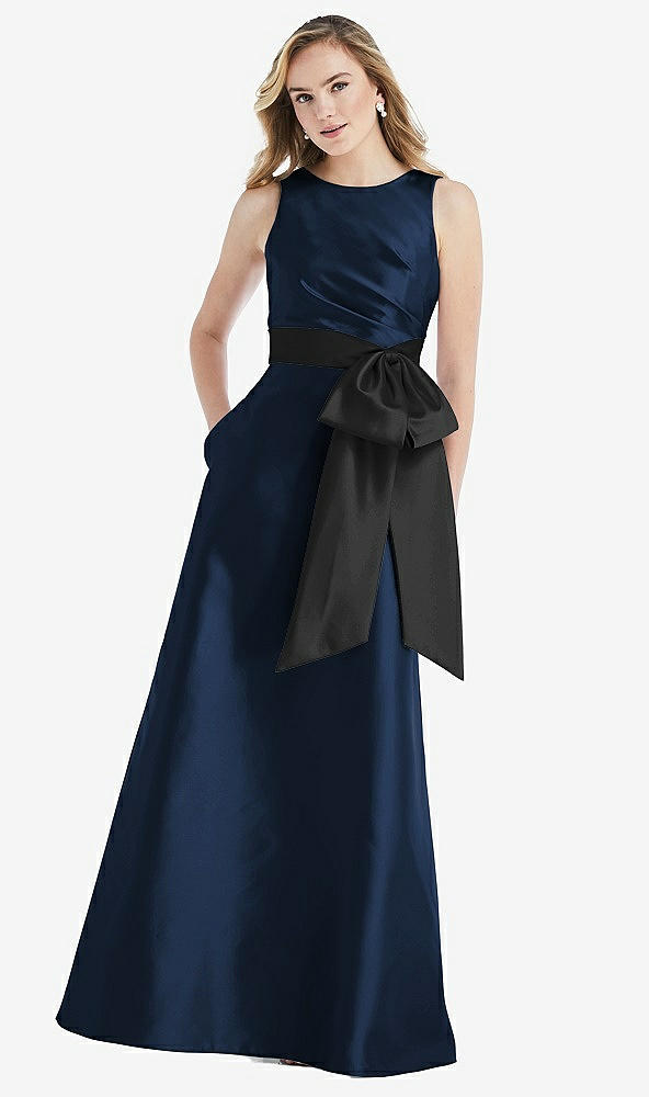 Front View - Midnight Navy & Black High-Neck Bow-Waist Maxi Dress with Pockets