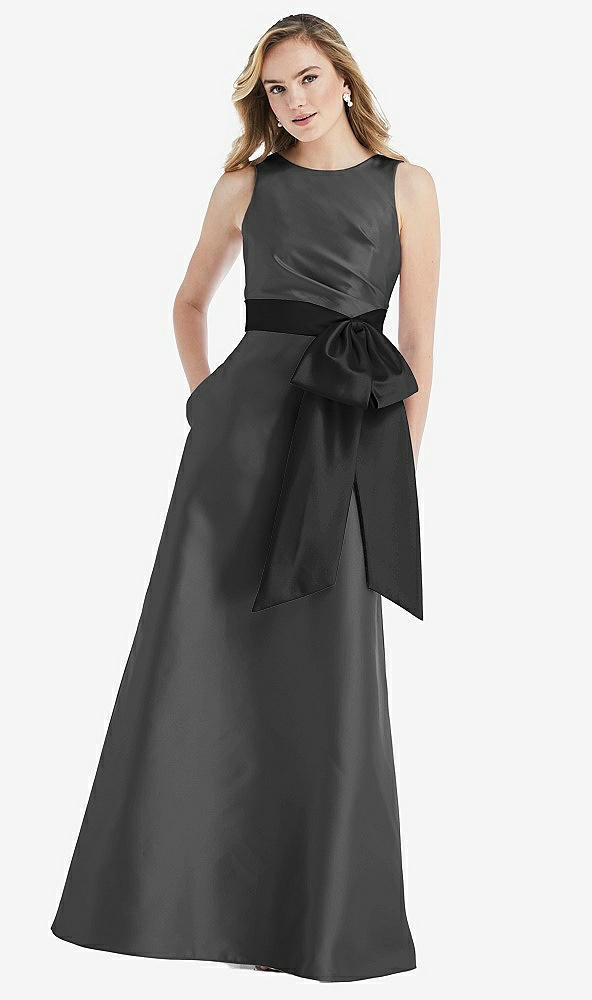 Front View - Pewter & Black High-Neck Bow-Waist Maxi Dress with Pockets