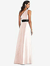 Rear View Thumbnail - Blush & Black One-Shoulder Bow-Waist Maxi Dress with Pockets
