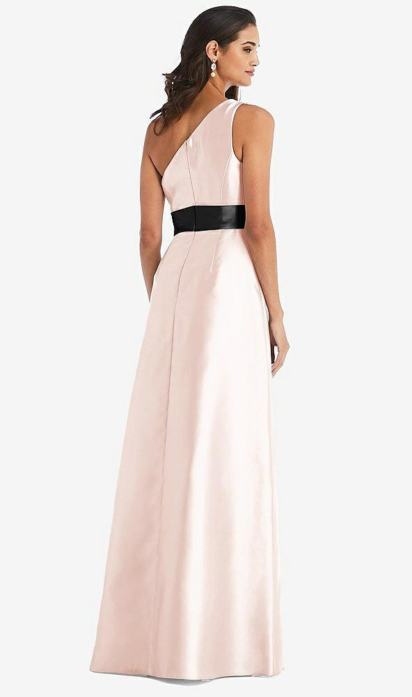 Back View - Blush & Black One-Shoulder Bow-Waist Maxi Dress with Pockets