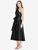 Side View Thumbnail - Black & Black One-Shoulder Bow-Waist Midi Dress with Pockets