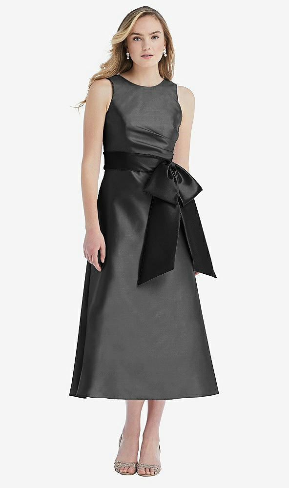 Front View - Pewter & Black High-Neck Bow-Waist Midi Dress with Pockets