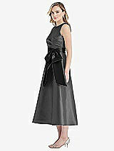 Side View Thumbnail - Pewter & Black High-Neck Bow-Waist Midi Dress with Pockets