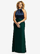 Front View Thumbnail - Evergreen & Midnight Navy High-Neck Open-Back Maxi Dress with Scarf Tie