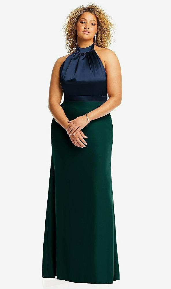 Front View - Evergreen & Midnight Navy High-Neck Open-Back Maxi Dress with Scarf Tie