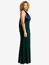 Side View Thumbnail - Evergreen & Midnight Navy High-Neck Open-Back Maxi Dress with Scarf Tie