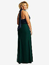 Rear View Thumbnail - Evergreen & Midnight Navy High-Neck Open-Back Maxi Dress with Scarf Tie