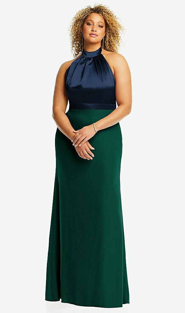 Front View - Hunter Green & Midnight Navy High-Neck Open-Back Maxi Dress with Scarf Tie