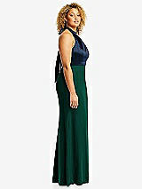 Side View Thumbnail - Hunter Green & Midnight Navy High-Neck Open-Back Maxi Dress with Scarf Tie