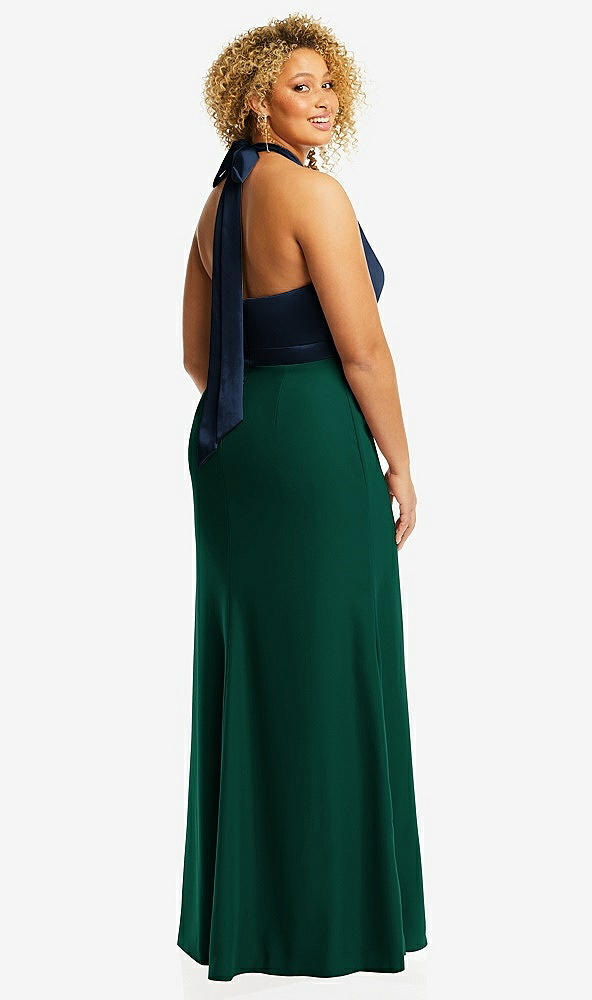 Back View - Hunter Green & Midnight Navy High-Neck Open-Back Maxi Dress with Scarf Tie