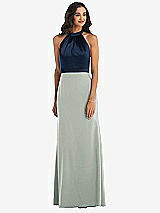 Alt View 1 Thumbnail - Willow Green & Midnight Navy High-Neck Open-Back Maxi Dress with Scarf Tie
