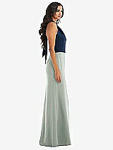 Alt View 2 Thumbnail - Willow Green & Midnight Navy High-Neck Open-Back Maxi Dress with Scarf Tie
