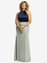 Front View Thumbnail - Willow Green & Midnight Navy High-Neck Open-Back Maxi Dress with Scarf Tie