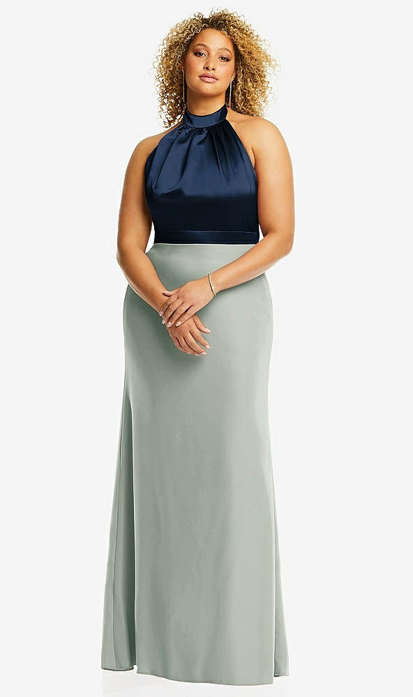 Front View - Willow Green & Midnight Navy High-Neck Open-Back Maxi Dress with Scarf Tie
