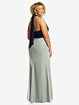 Rear View Thumbnail - Willow Green & Midnight Navy High-Neck Open-Back Maxi Dress with Scarf Tie