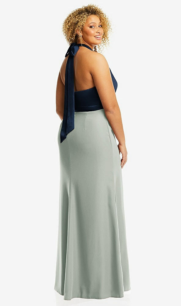 Back View - Willow Green & Midnight Navy High-Neck Open-Back Maxi Dress with Scarf Tie