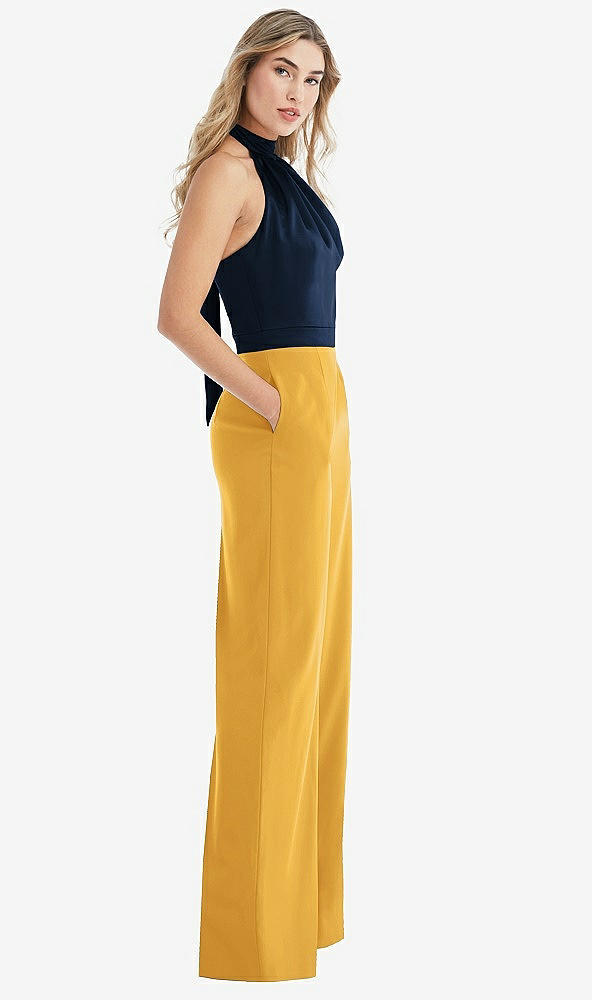 Front View - NYC Yellow & Midnight Navy High-Neck Open-Back Jumpsuit with Scarf Tie