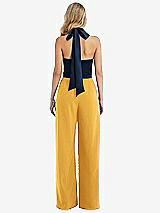 Rear View Thumbnail - NYC Yellow & Midnight Navy High-Neck Open-Back Jumpsuit with Scarf Tie