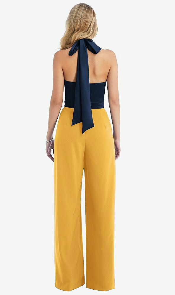 Back View - NYC Yellow & Midnight Navy High-Neck Open-Back Jumpsuit with Scarf Tie