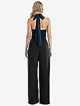 Rear View Thumbnail - Black & Midnight Navy High-Neck Open-Back Jumpsuit with Scarf Tie