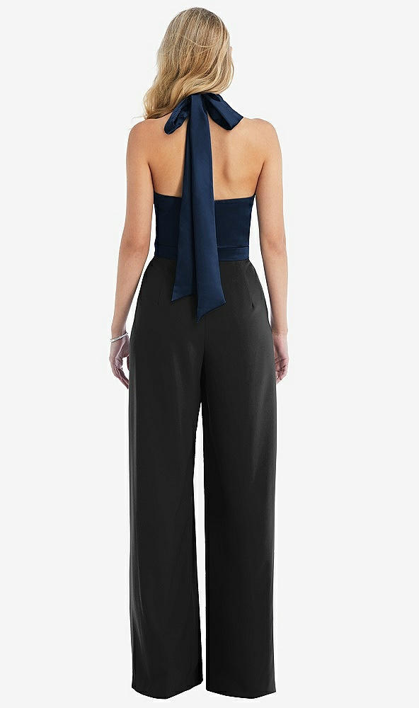 Back View - Black & Midnight Navy High-Neck Open-Back Jumpsuit with Scarf Tie