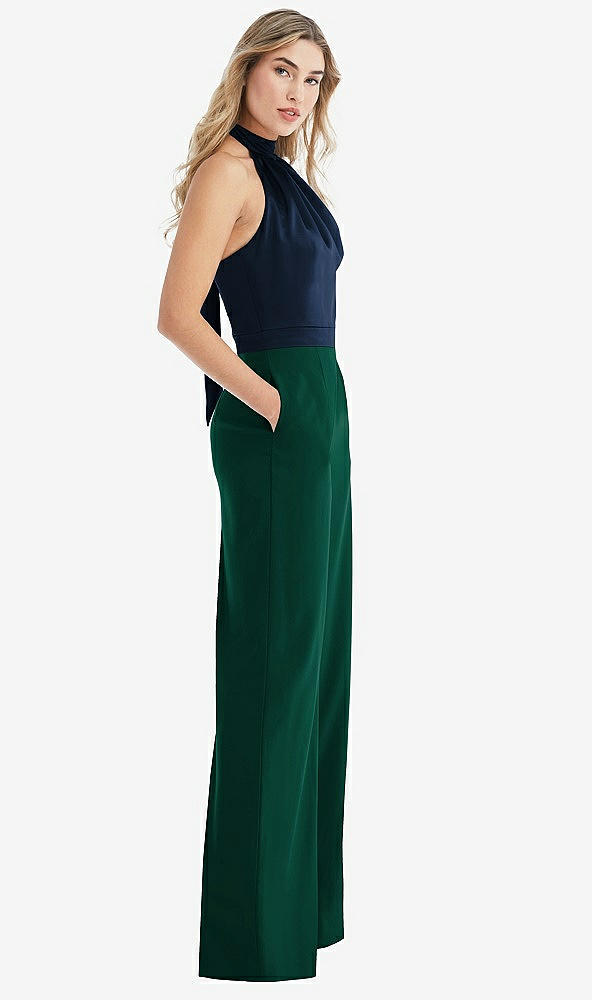Front View - Hunter Green & Midnight Navy High-Neck Open-Back Jumpsuit with Scarf Tie
