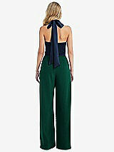 Rear View Thumbnail - Hunter Green & Midnight Navy High-Neck Open-Back Jumpsuit with Scarf Tie
