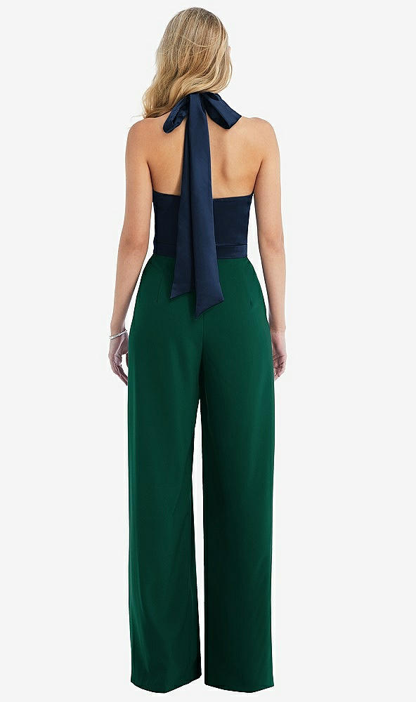 Back View - Hunter Green & Midnight Navy High-Neck Open-Back Jumpsuit with Scarf Tie