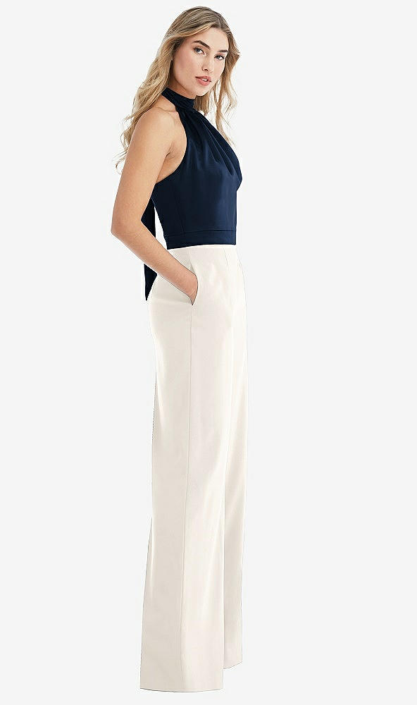 Front View - Ivory & Midnight Navy High-Neck Open-Back Jumpsuit with Scarf Tie