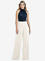 Side View Thumbnail - Ivory & Midnight Navy High-Neck Open-Back Jumpsuit with Scarf Tie