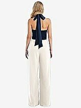 Rear View Thumbnail - Ivory & Midnight Navy High-Neck Open-Back Jumpsuit with Scarf Tie