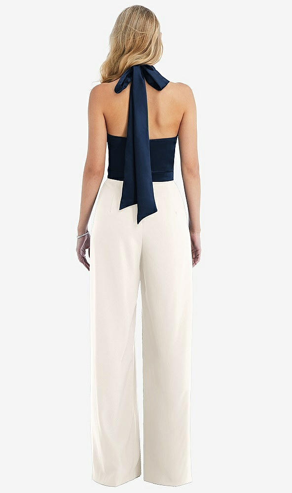 Back View - Ivory & Midnight Navy High-Neck Open-Back Jumpsuit with Scarf Tie