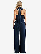 Rear View Thumbnail - Midnight Navy & Midnight Navy High-Neck Open-Back Jumpsuit with Scarf Tie