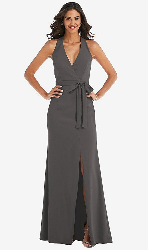 Front View - Caviar Gray Open-Back Halter Maxi Dress with Draped Bow