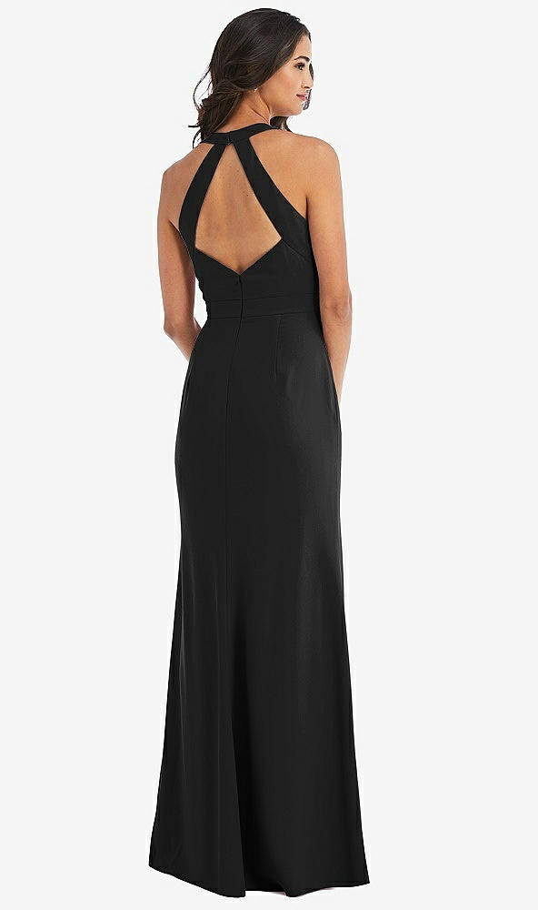Back View - Black Open-Back Halter Maxi Dress with Draped Bow