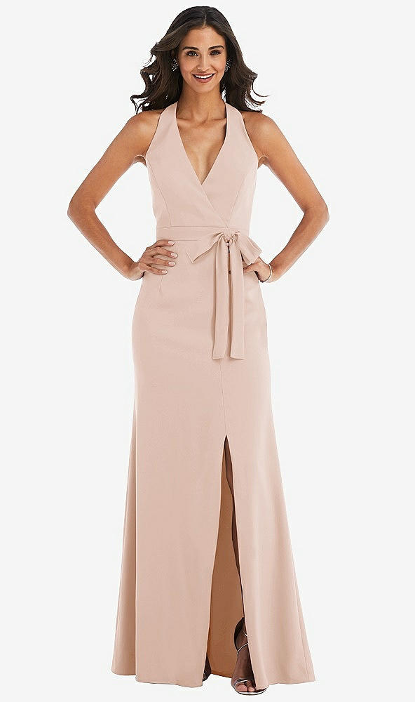 Front View - Cameo Open-Back Halter Maxi Dress with Draped Bow
