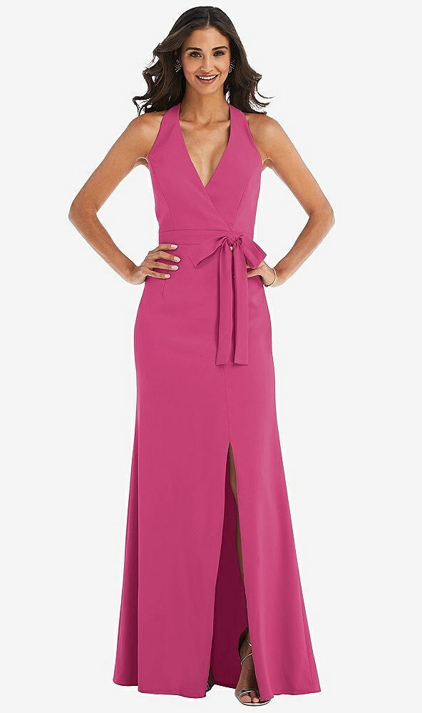 Front View - Tea Rose Open-Back Halter Maxi Dress with Draped Bow