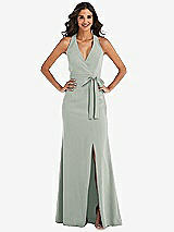 Front View Thumbnail - Willow Green Open-Back Halter Maxi Dress with Draped Bow