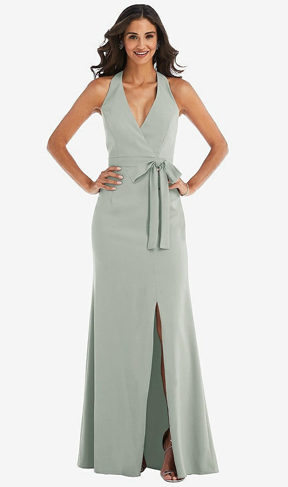 Front View - Willow Green Open-Back Halter Maxi Dress with Draped Bow