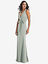 Side View Thumbnail - Willow Green Open-Back Halter Maxi Dress with Draped Bow