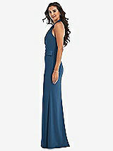 Side View Thumbnail - Dusk Blue Halter Tuxedo Maxi Dress with Front Slit