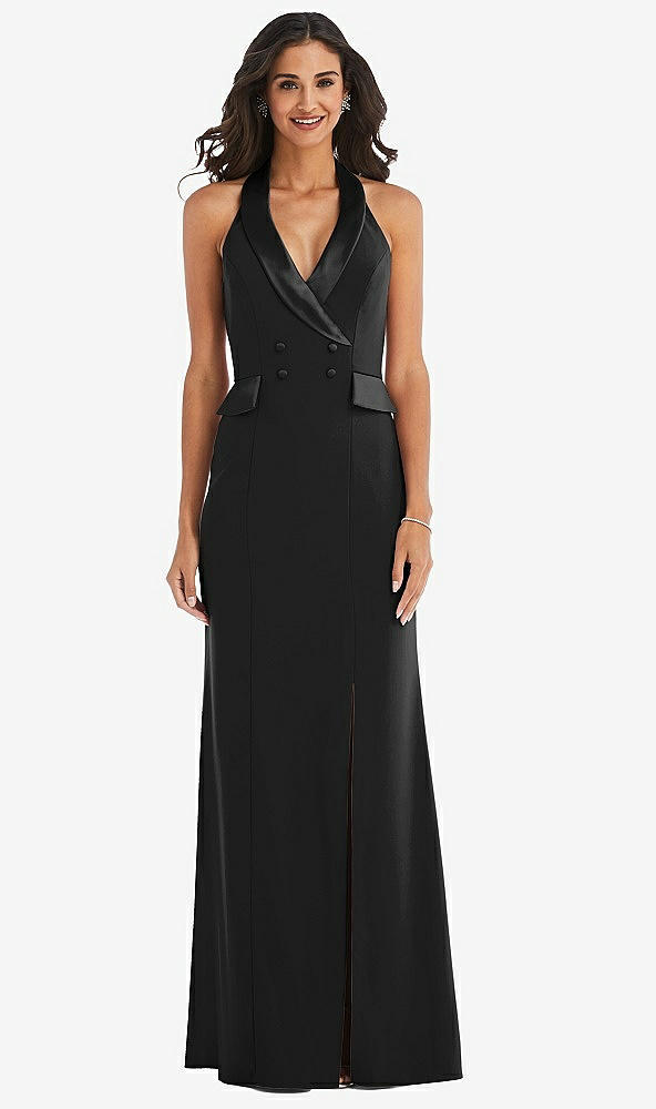 Front View - Black Halter Tuxedo Maxi Dress with Front Slit