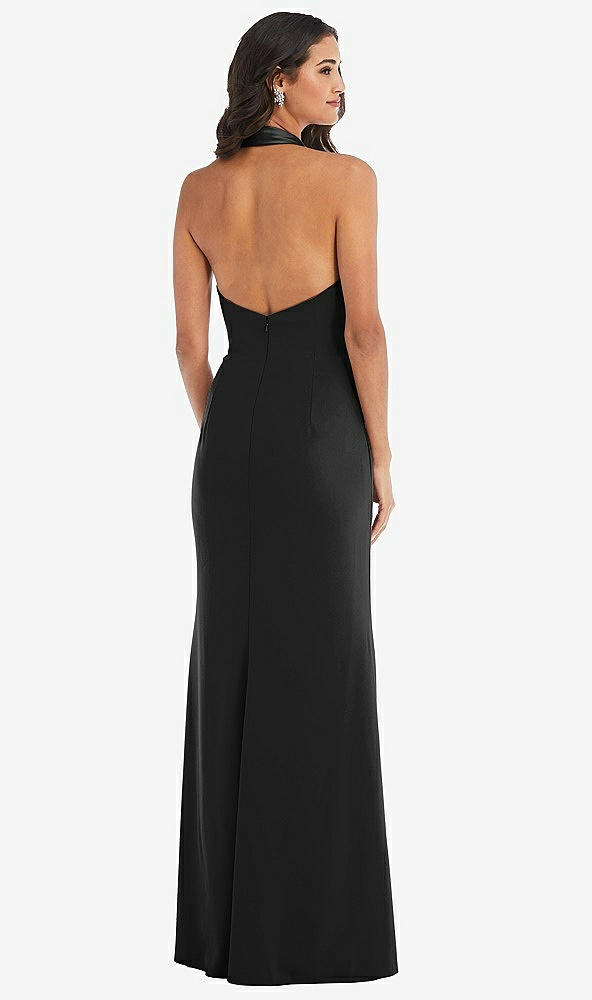 Back View - Black Halter Tuxedo Maxi Dress with Front Slit