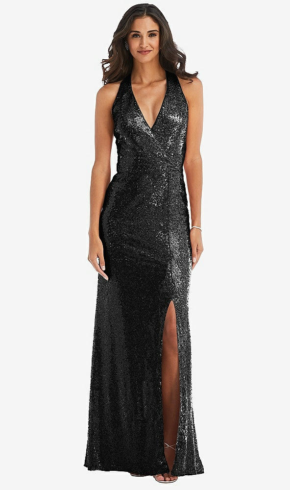 Front View - Black Halter Wrap Sequin Trumpet Gown with Front Slit