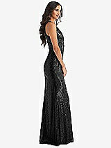 Side View Thumbnail - Black Halter Wrap Sequin Trumpet Gown with Front Slit