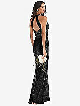 Rear View Thumbnail - Black Halter Wrap Sequin Trumpet Gown with Front Slit